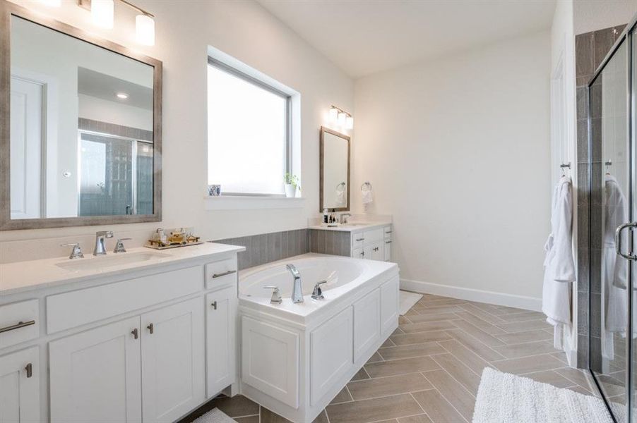Full bathroom featuring a shower stall, two vanities, and a bath Full bathroom featuring a shower stall, two vanities, and a bath