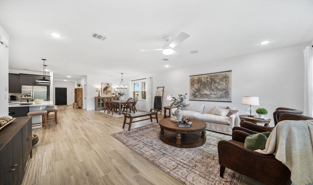 Great room with ceiling fan