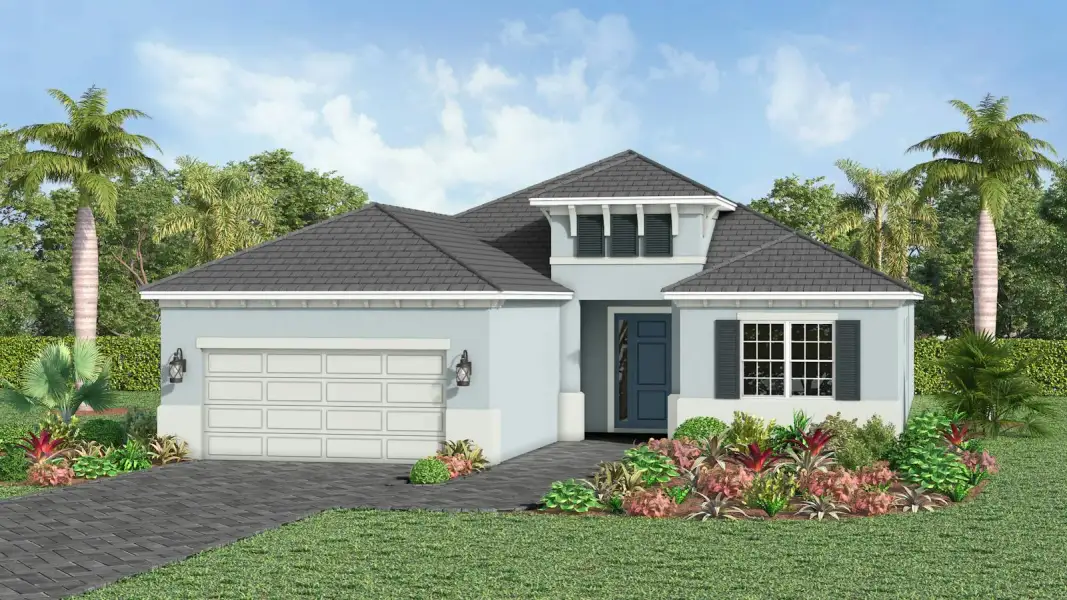 Front exterior of a new home in Kingston South Real Estate and Homes for Sale in Estero, FL - Neal Communities, Estero, FL, highlighting curb appeal (Image 20).