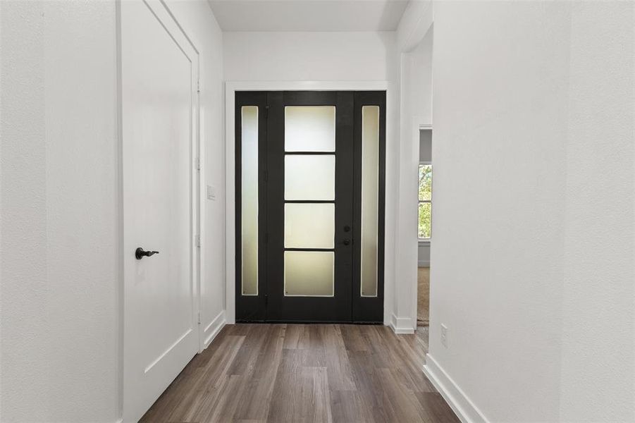 Entryway featuring a dark front door with frosted glass panels, wood-style flooring, and white walls