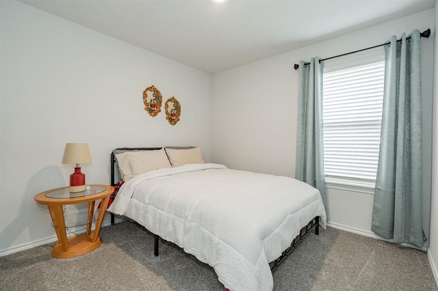 Carpeted bedroom with baseboards and multiple windows