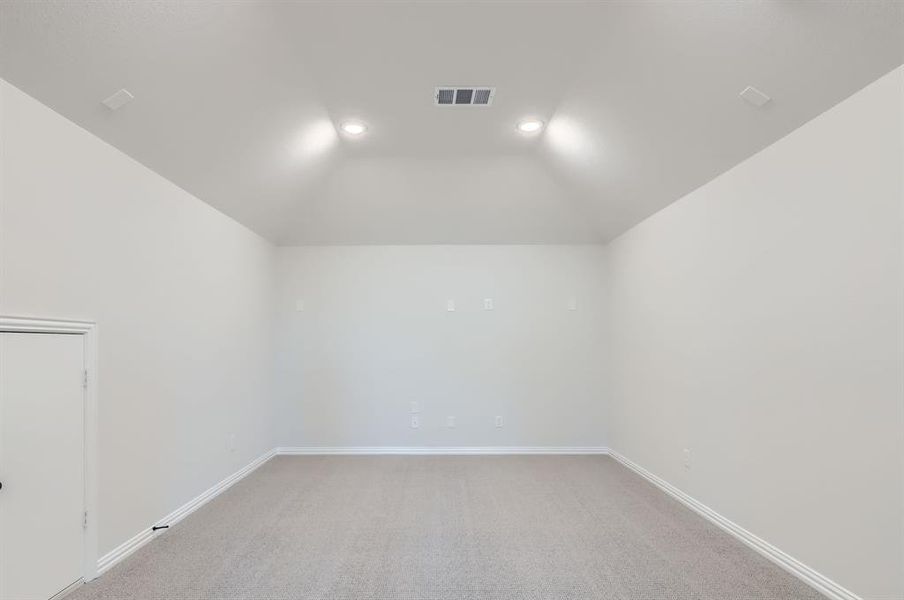 Additional living space featuring light colored carpet and lofted ceiling