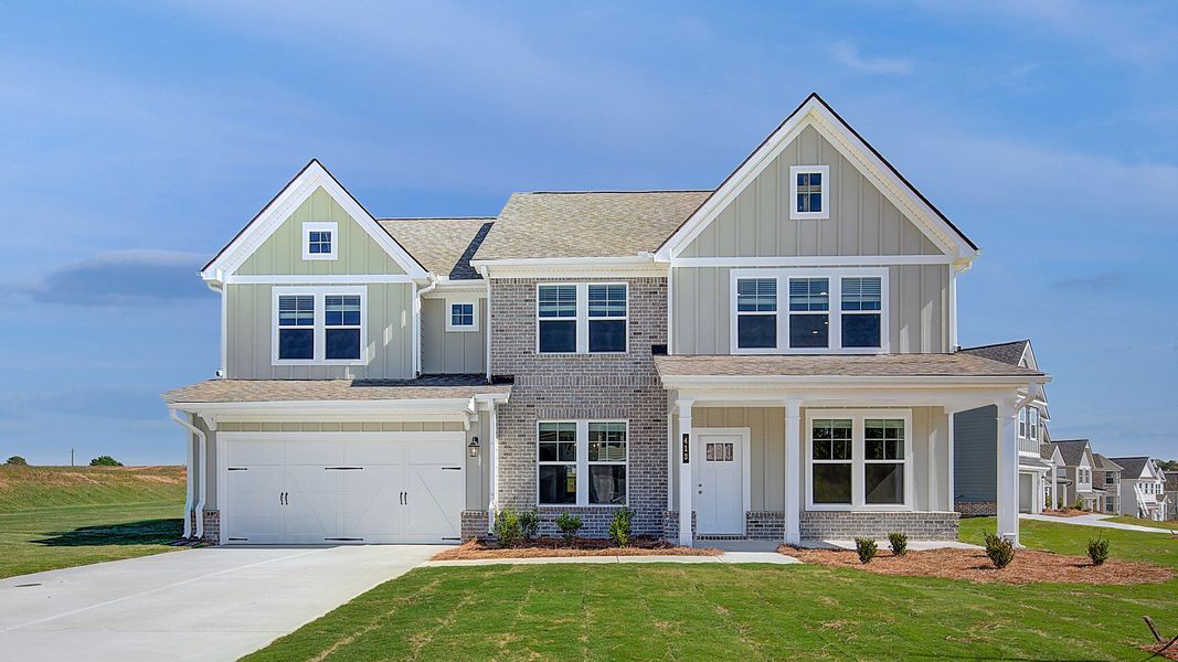 Representative exterior photo of a completed home built from the Stonefield - Atlanta by DRB Homes in Grandview at Millers Mill, Stockbridge, GA (Image 19). Representative exterior photo of a completed home built from the Stonefield - Atlanta by DRB Homes in Grandview at Millers Mill, Stockbridge, GA (Image 19).