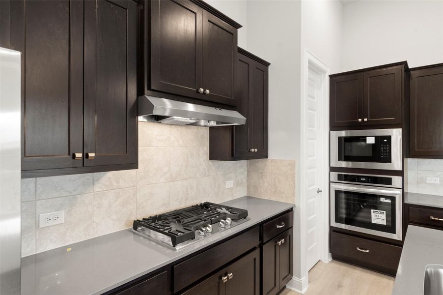 Kitchen with stainless steel appliances, dark brown cabinets, decorative backsplash, and under cabinet range hood