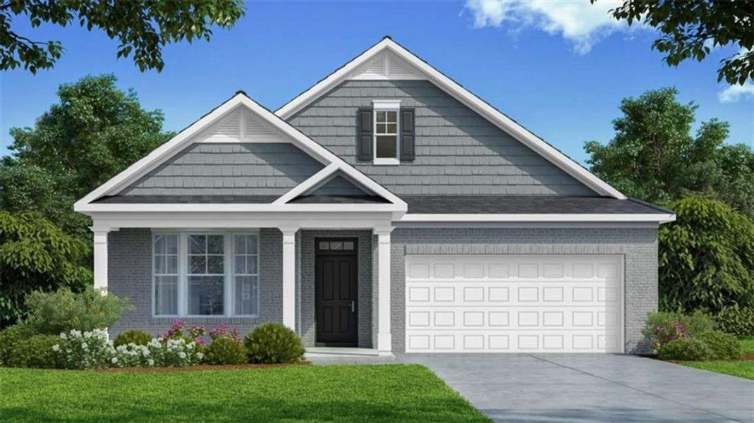 Front exterior of a new home in Oak Ridge Meadows - Active Adult, Locust Grove, GA, highlighting curb appeal (Image 2).