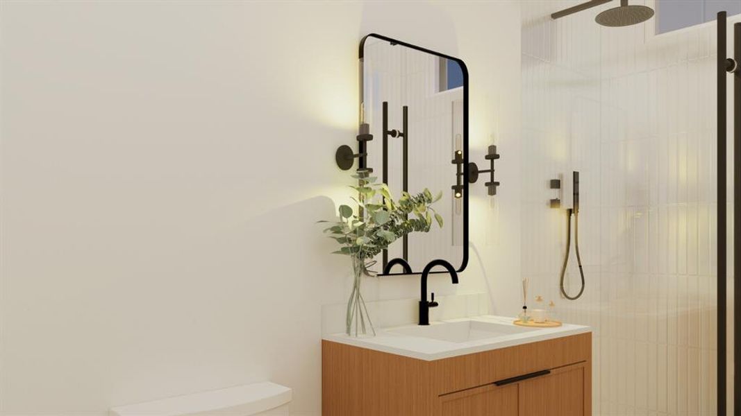 Full bathroom with vanity and tiled shower