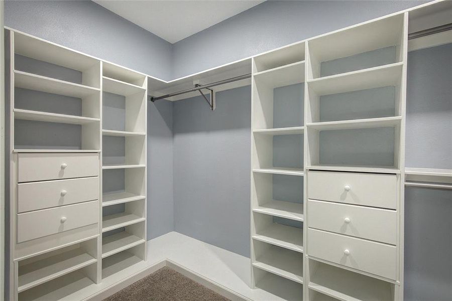 Master walk in closet featuring carpet flooring