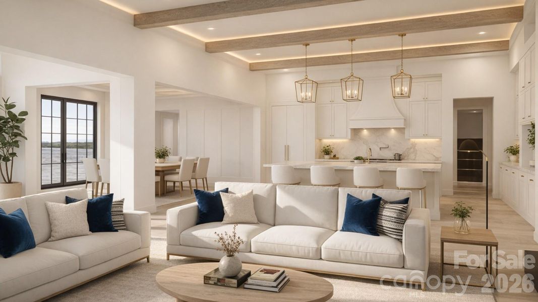 Rendering of living room looking towards open kitchen and dining and foyer Rendering of living room looking towards open kitchen and dining and foyer