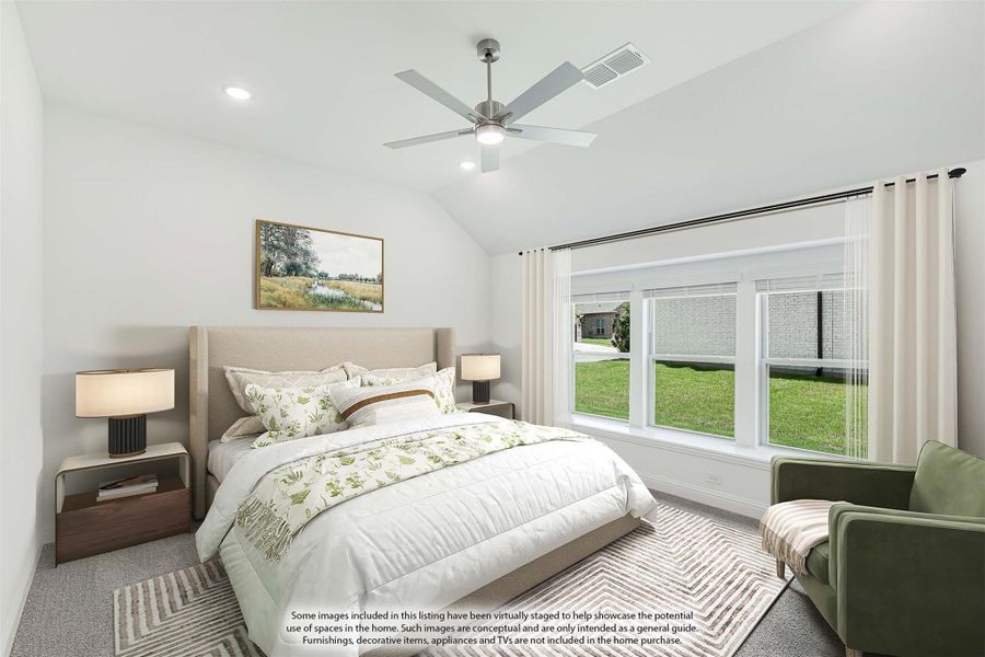 Bedroom with vaulted ceiling, ceiling fan, large window, and neutral carpet flooring Bedroom with vaulted ceiling, ceiling fan, large window, and neutral carpet flooring