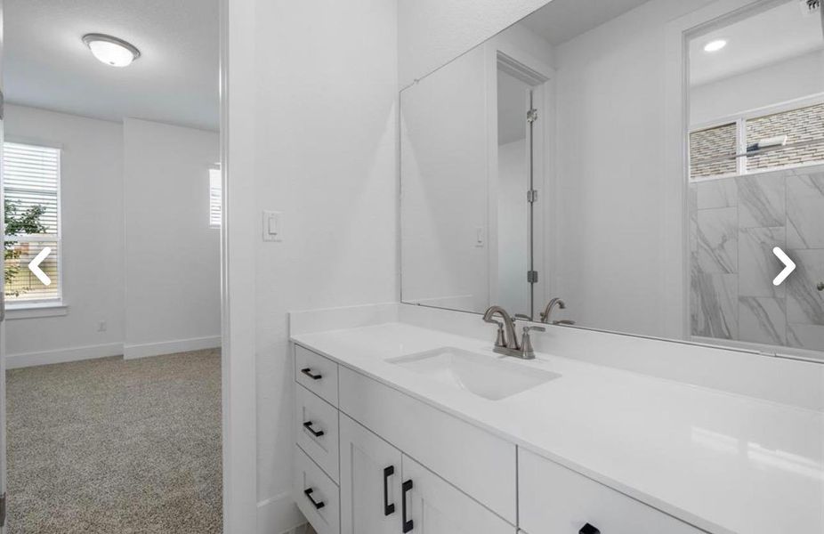Full bath featuring plenty of natural light, vanity, and light colored carpet