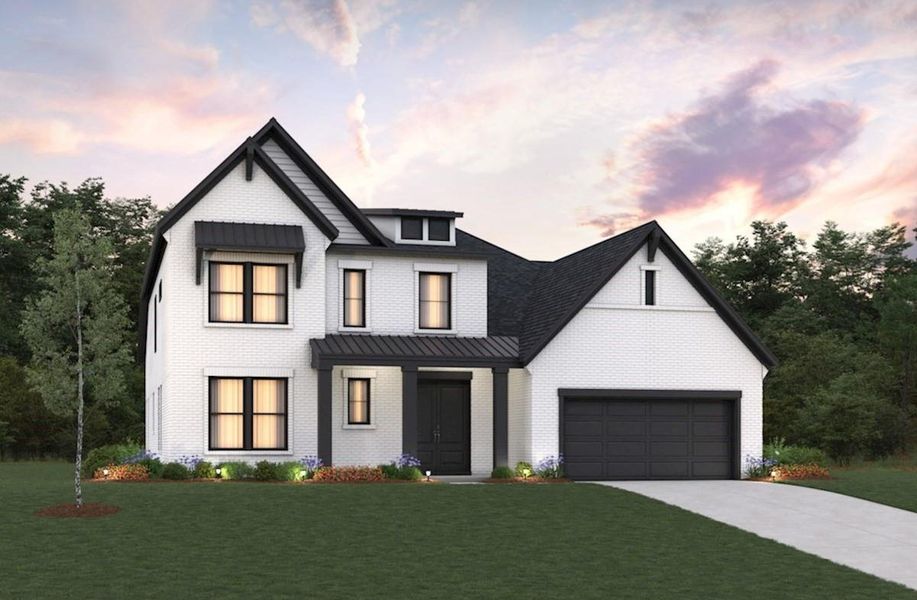 Front exterior of a new home in ARTAVIA: Hilltop Collection, Conroe, TX, highlighting curb appeal (Image 1).