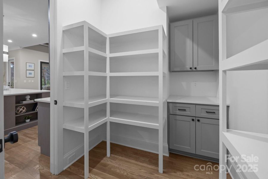 Walk in pantry with ample storage and dedicated counter space for microwave