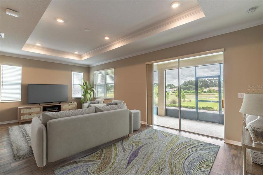 Tray ceiling with lights.