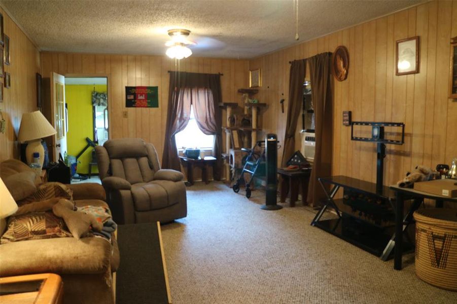 Living room featuring carpet flooring, a textured ceiling, and a ceiling fan Living room featuring carpet flooring, a textured ceiling, and a ceiling fan