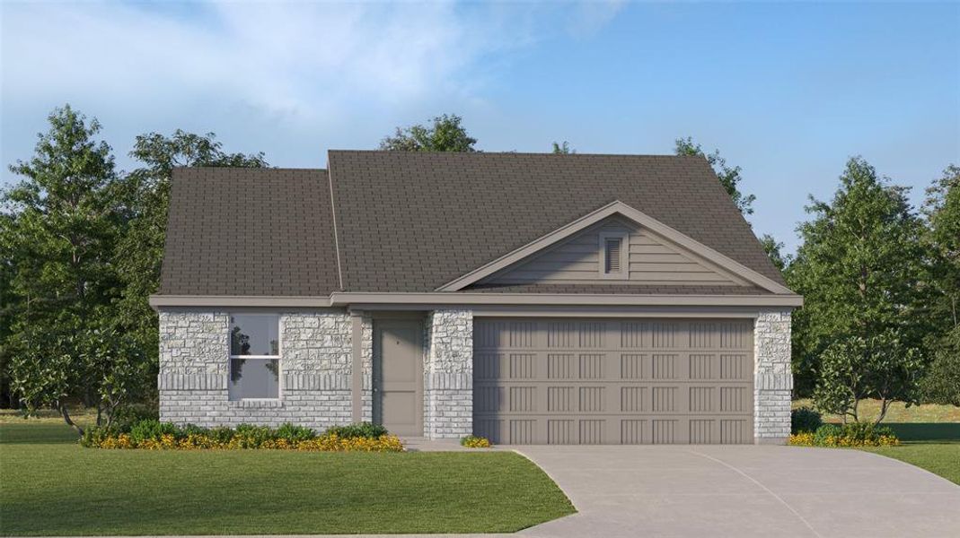 View of front facade with a front lawn and a garage