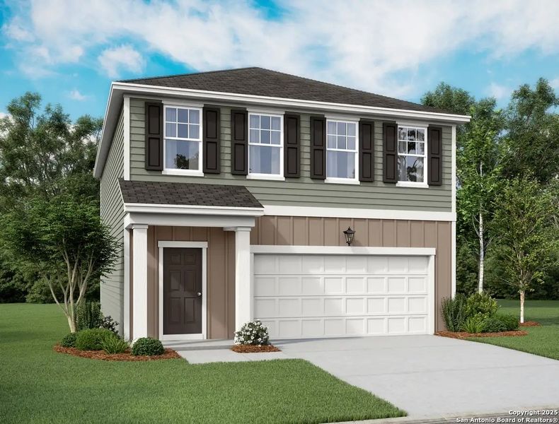 Front exterior of a new home in Saddlebrook Ranch, Schertz, TX, highlighting curb appeal (Image 1).