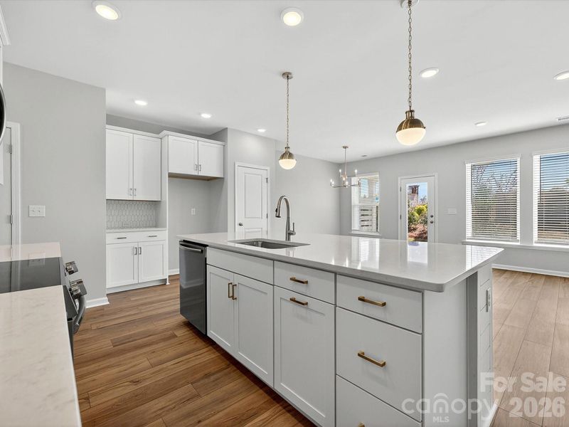 Shiplap Island- Quartz countertops, 42" cabinets with soft close doors and drawers, tiled backsplash, solid shelving in pantry, Frigidaire gallery appliances. cooking is vented to the outside