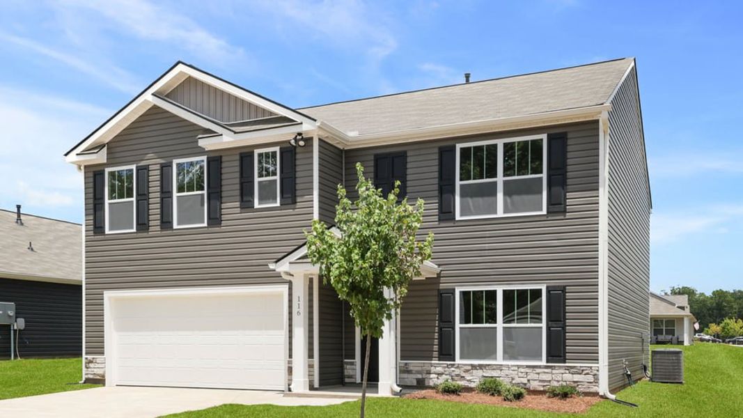 Front exterior of a new home in Bentley Park, Greenwood, SC, highlighting curb appeal (Image 2). Front exterior of a new home in Bentley Park, Greenwood, SC, highlighting curb appeal (Image 2).