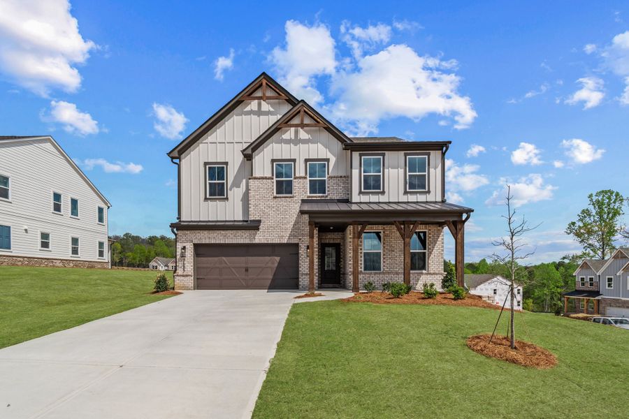Representative exterior photo of a completed home built from the Tucker II by Beazer Homes in The Paddocks at Doc Hughes, Buford, GA (Image 1). Representative exterior photo of a completed home built from the Tucker II by Beazer Homes in The Paddocks at Doc Hughes, Buford, GA (Image 1).