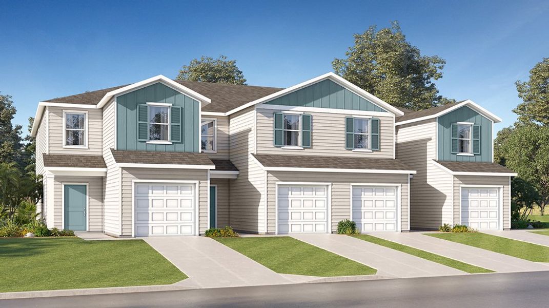 Front exterior of a new home in Hardwick Farms: Hardwick Farms - Townhome Collection, Jacksonville, FL, highlighting curb appeal (Image 1).