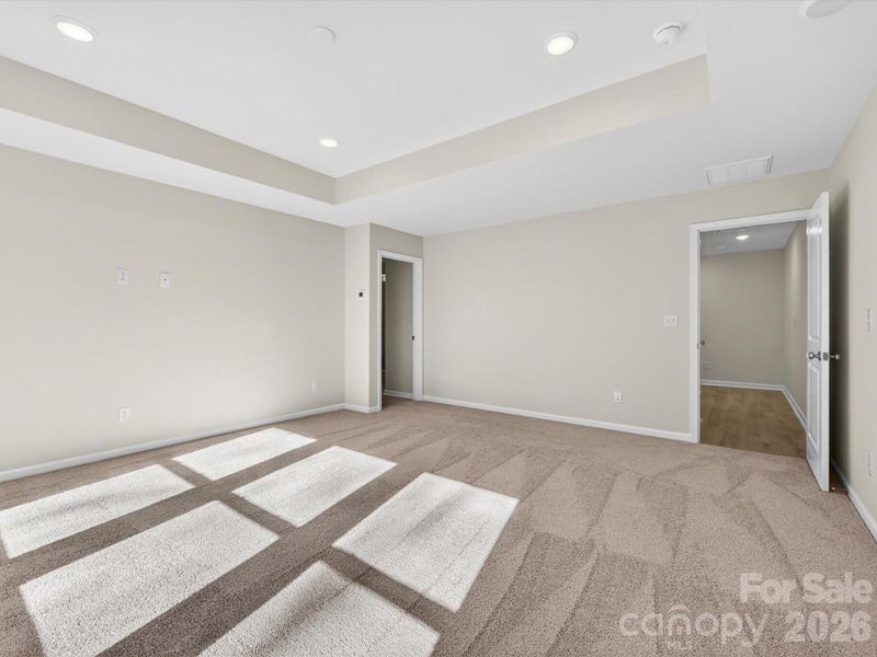 Light filled primary bedroom with tray ceiling and views to the wooded backyard Light filled primary bedroom with tray ceiling and views to the wooded backyard