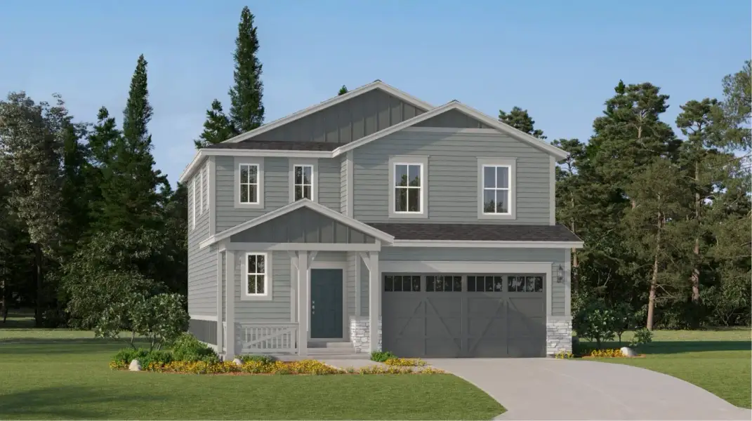 Front exterior of a new home in Newlin Crossing, Parker, CO, highlighting curb appeal (Image 1). Front exterior of a new home in Newlin Crossing, Parker, CO, highlighting curb appeal (Image 1).
