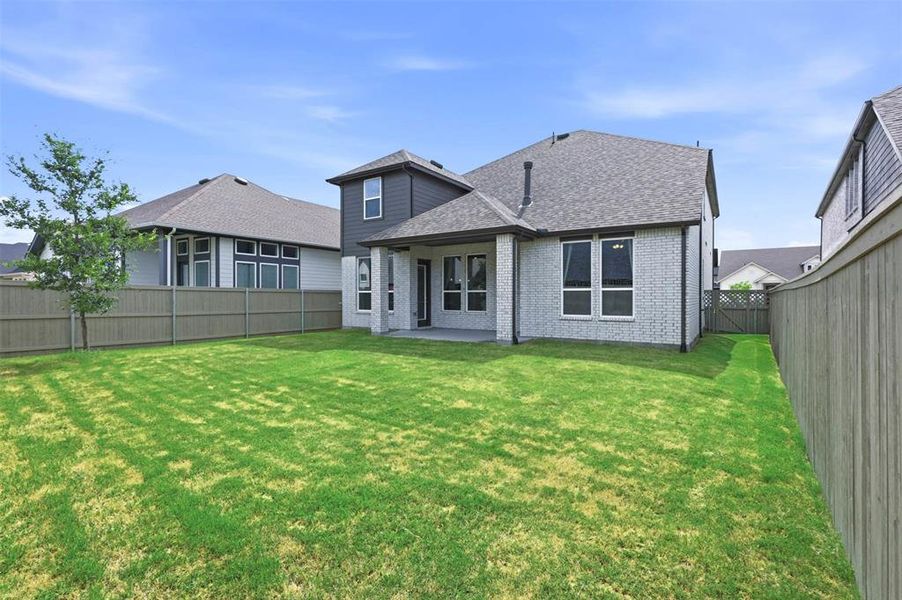 Expansive green lawn with a privacy fence surrounding the property