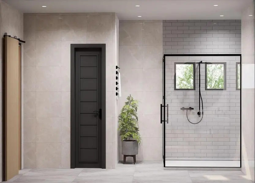 Full bathroom featuring a stall shower, tile walls, recessed lighting, and tile patterned floors
