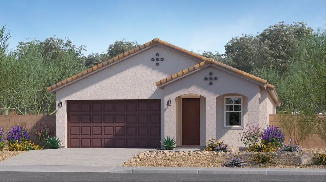 Front exterior of a new home in Teravalis, Buckeye, AZ, highlighting curb appeal (Image 1). Front exterior of a new home in Teravalis, Buckeye, AZ, highlighting curb appeal (Image 1).