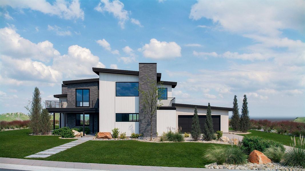 Front exterior of a new home in Signature at Crystal Valley, Castle Rock, CO, highlighting curb appeal (Image 1).