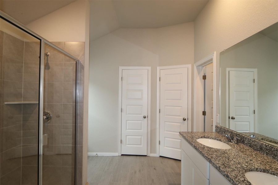 Bathroom with vaulted ceiling, hardwood / wood-style flooring, walk in shower, and vanity