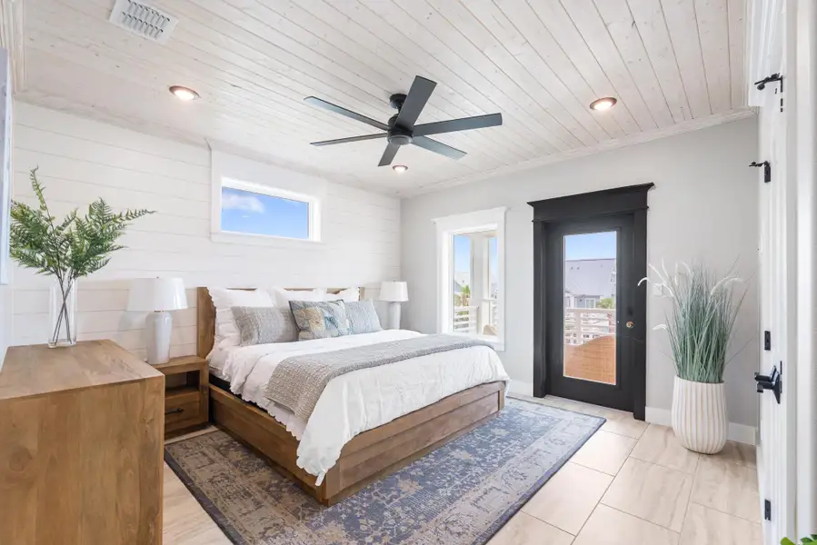 Bedroom with access to outside, wood ceiling, ornamental molding, a ceiling fan, and recessed lighting Bedroom with access to outside, wood ceiling, ornamental molding, a ceiling fan, and recessed lighting