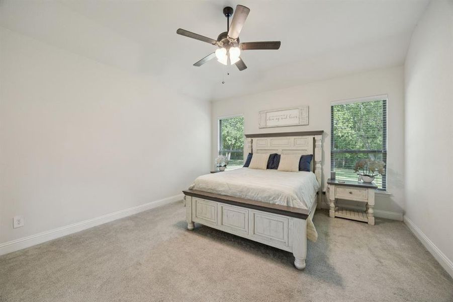 Master bedroom featuring serene views of the property, light colored carpet, neutral paint, multiple windows, and ceiling fan.