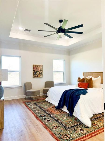 Bedroom featuring hardwood / wood-style floors, a tray ceiling, ceiling fan, and ornamental molding