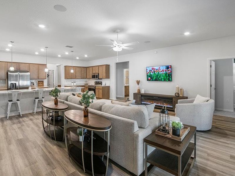 This bright, open-layout home features a spacious living area.