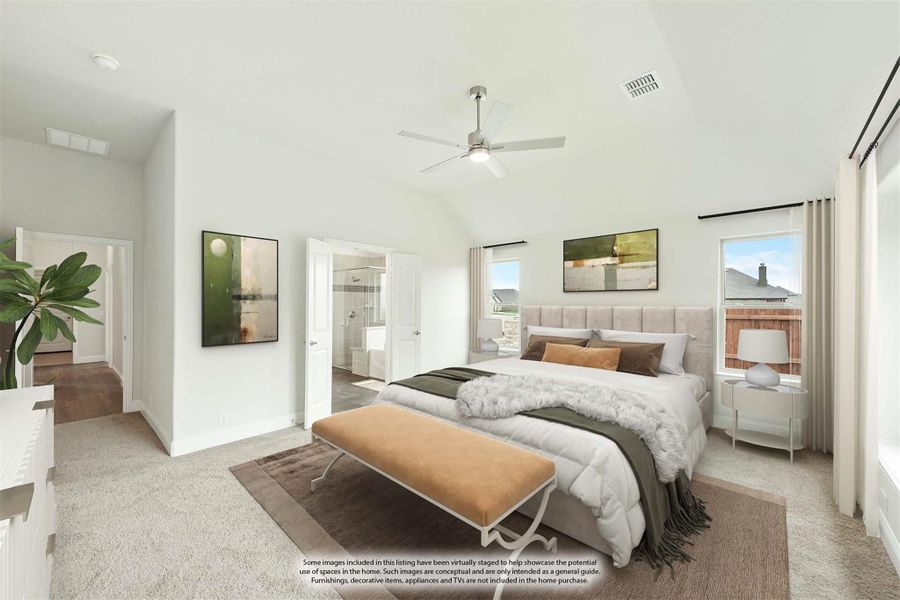 Master bedroom with vaulted ceiling, ceiling fan, carpet flooring, and ensuite bathroom doorway visible Master bedroom with vaulted ceiling, ceiling fan, carpet flooring, and ensuite bathroom doorway visible
