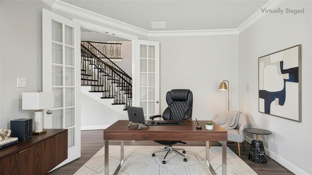 Home office with french doors, ornamental molding, and dark wood-style flooring Home office with french doors, ornamental molding, and dark wood-style flooring