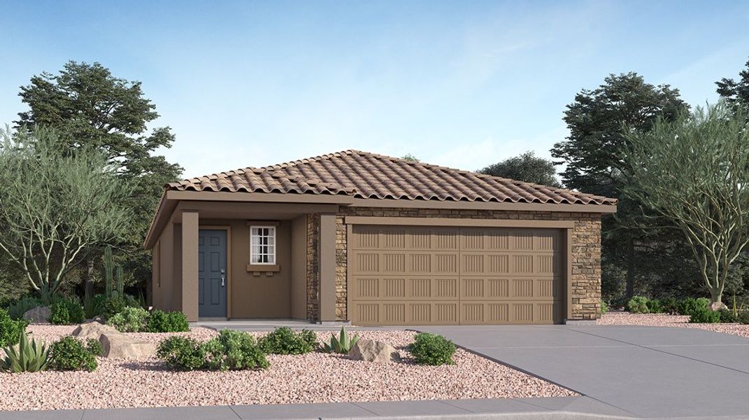 Front exterior of a new home in Monarch, Marana, AZ, highlighting curb appeal (Image 1). Front exterior of a new home in Monarch, Marana, AZ, highlighting curb appeal (Image 1).