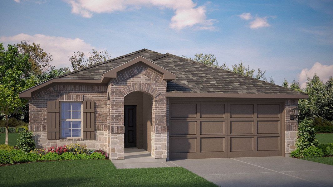 Front exterior of a new home in Hickory Grove, Krum, TX, highlighting curb appeal (Image 1). Front exterior of a new home in Hickory Grove, Krum, TX, highlighting curb appeal (Image 1).