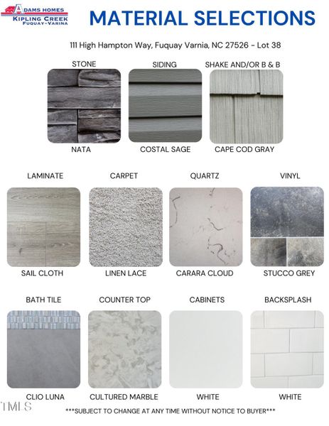 Material Color Selection Sheet