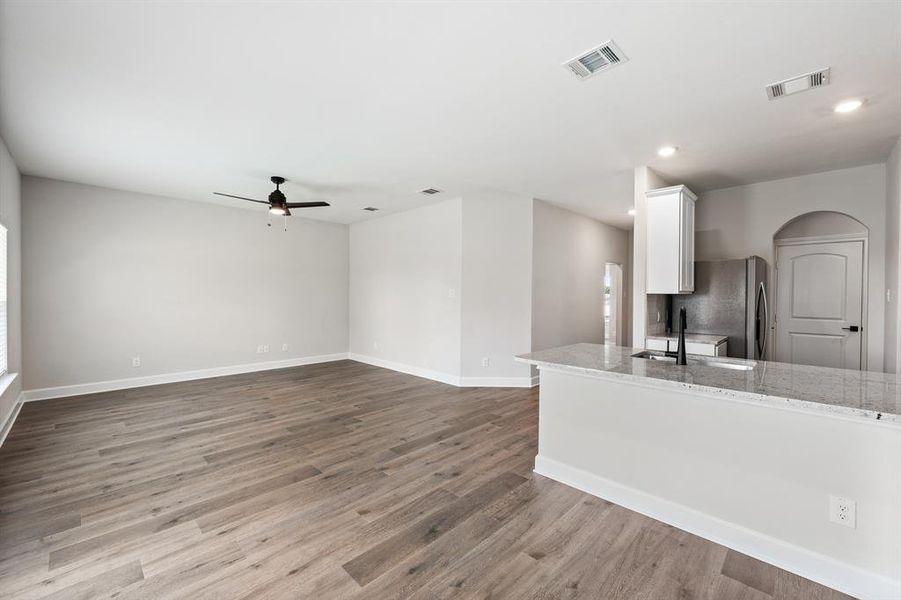 View of the living room and dining room.