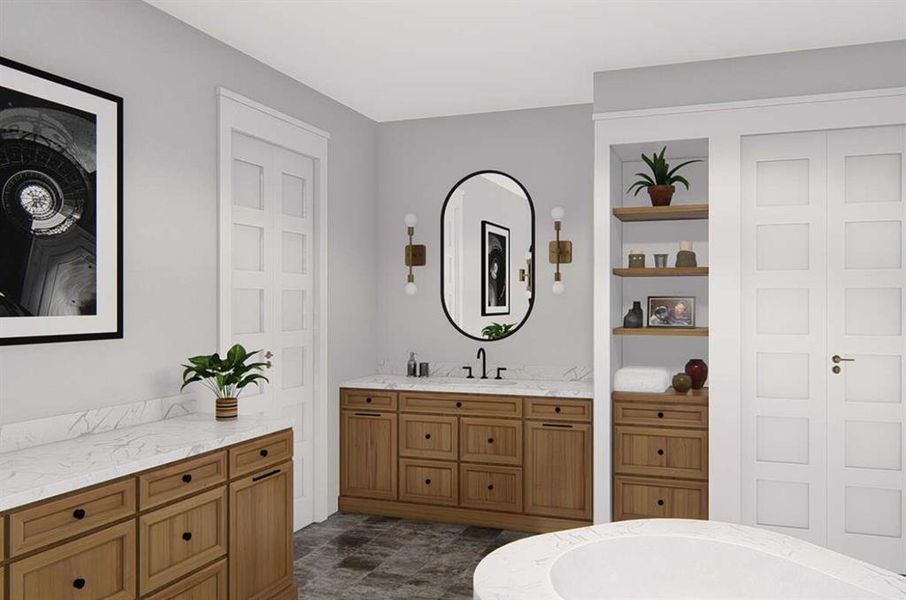 Bathroom featuring a freestanding tub, vanity, and dark stone finish flooring