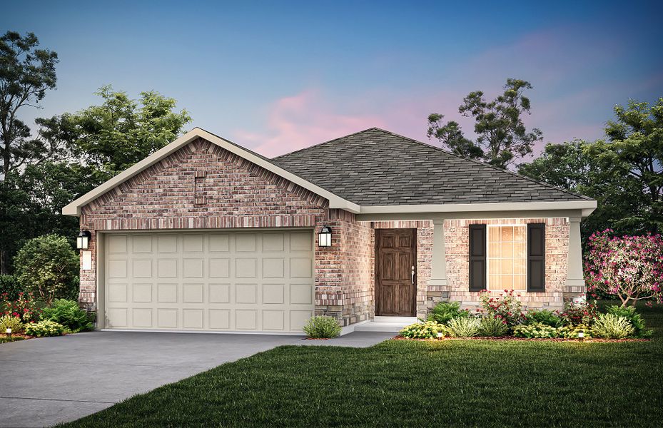 The Hewitt, a one-story home with 2-car garage, shown with Home Exterior R