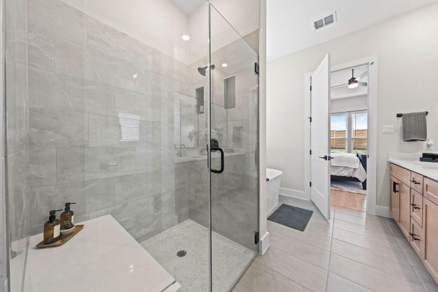 light tile patterned flooring, and ceiling fan