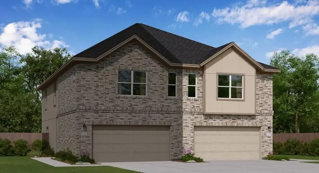 Front exterior of a new home in Sierra Vista, Rosharon, TX, highlighting curb appeal (Image 5).