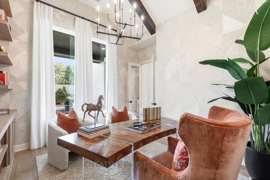 Home office featuring a chandelier, wood finished floors, and beam ceiling Home office featuring a chandelier, wood finished floors, and beam ceiling