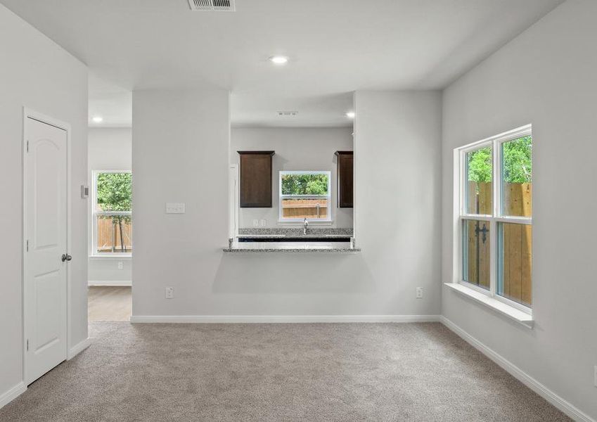 The kitchen of the Piper looks out into the family room.