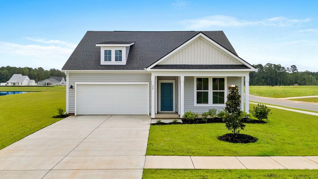 Easton Elevation 5 at Chestnut Farms in Longs, SC, featuring a welcoming porch and charming exterior design Easton Elevation 5 at Chestnut Farms in Longs, SC, featuring a welcoming porch and charming exterior design