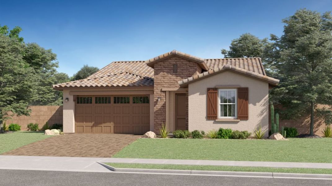 Front exterior of a new home in Madera, Queen Creek, AZ, highlighting curb appeal (Image 1). Front exterior of a new home in Madera, Queen Creek, AZ, highlighting curb appeal (Image 1).