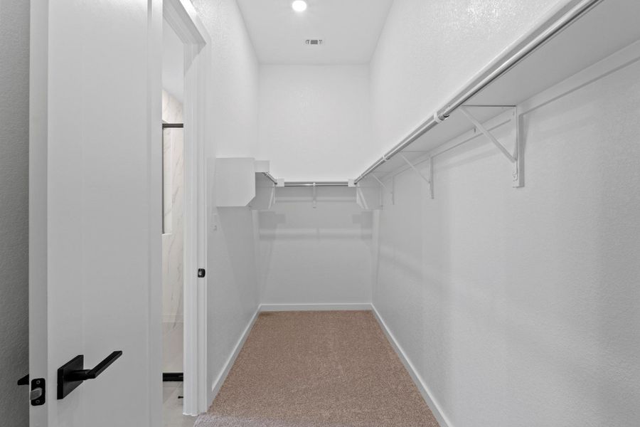 Walk in closet featuring light carpet